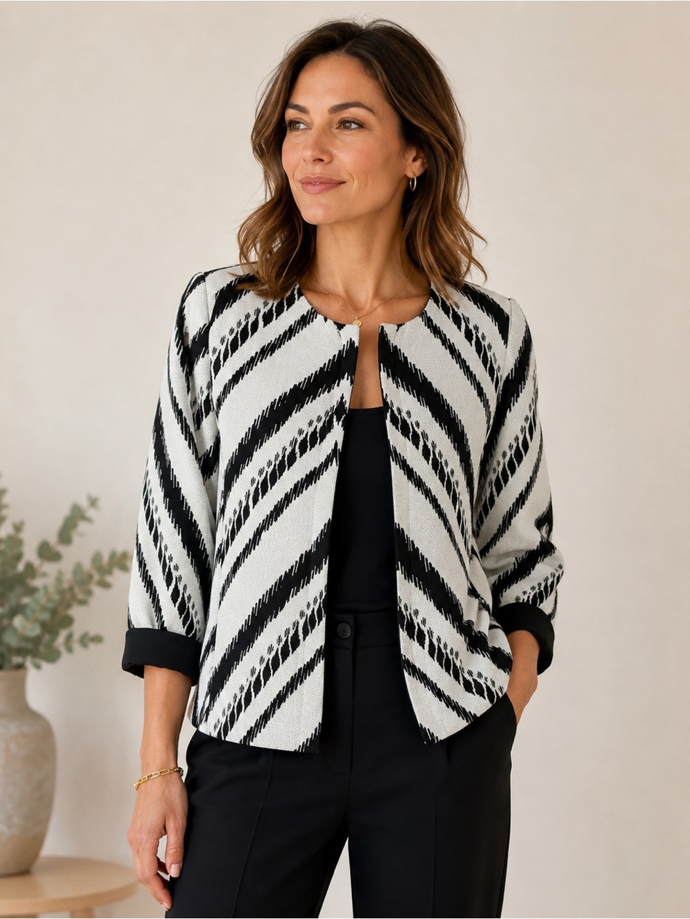 Chico's Black & White Striped Open-Front Cardigan